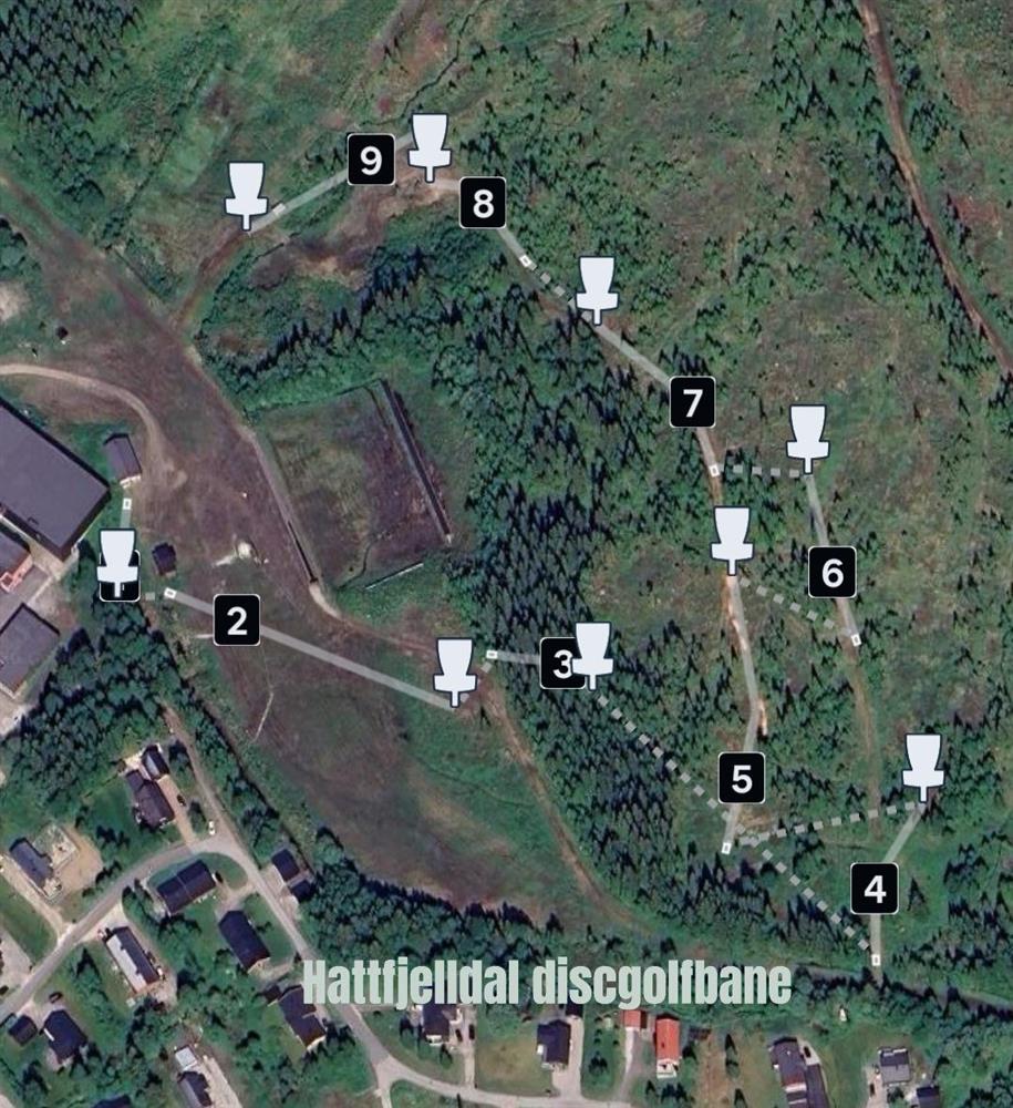Kart over discgolfbanen i Hattfjelldal - Klikk for stort bilde