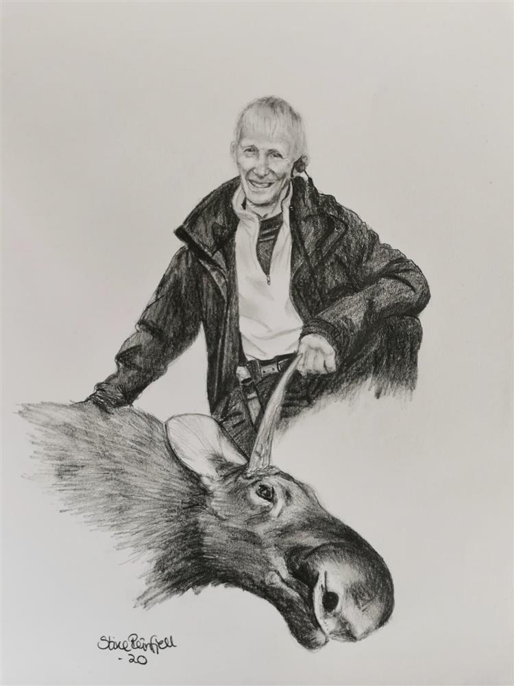 Tegning av mann med elg - Klikk for stort bilde